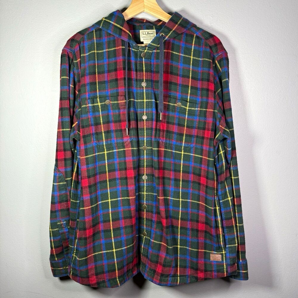 L.L.Bean Hooded Flannel Shirt Jacket Men's Medium Plaid Green Red Snap Button